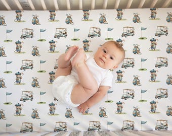 Golf Crib Sheet -Baby Boy Golf Nursery Bedding - Baby gift for Golfer-  Teddy Bear Bedding- Golf cart pattern - Custom Golf Theme sh364