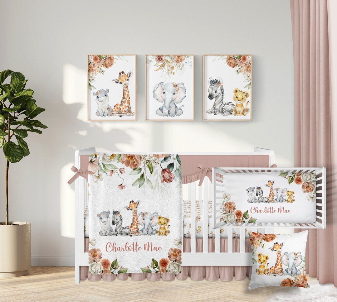 Safari Crib Bedding Set, Personalized Baby Girl Blanket, Safari Animal