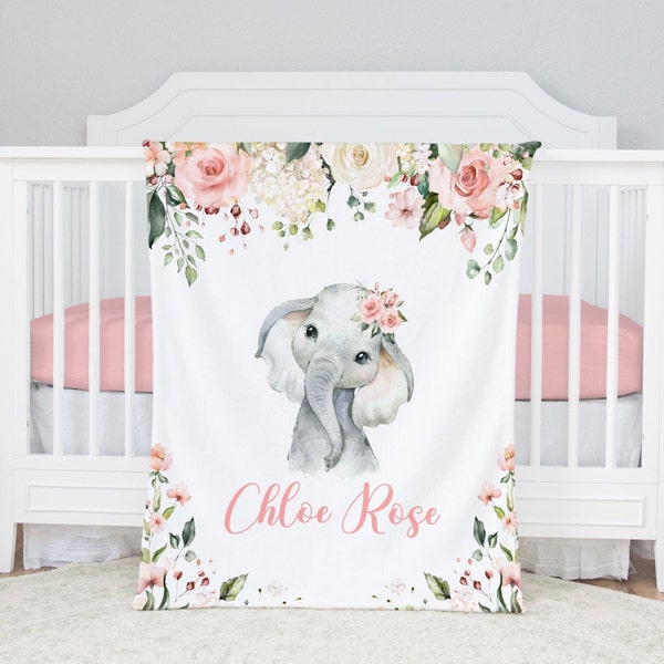 Elephant Baby Blanket Girl - Vintage Floral Blanket Girl - Elephant Baby Blanket - Safari Baby Shower Gift - Soft Floral Baby Name Blanket-