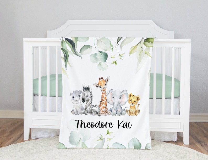 Personalized Baby Boy Blanket Monogrammed Baby Blanket Boy Jungle Animals Baby Shower Gift Baby Name Blanket-Safari Animals Baby Bedding image 2