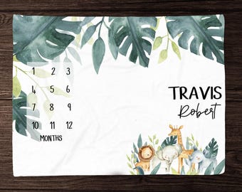 Safari Animal Milestone Blanket Baby Boy Monthly Photos Blanket-Personalized Baby Boy Blanket with Safari Animals - Custom Baby Shower Gift