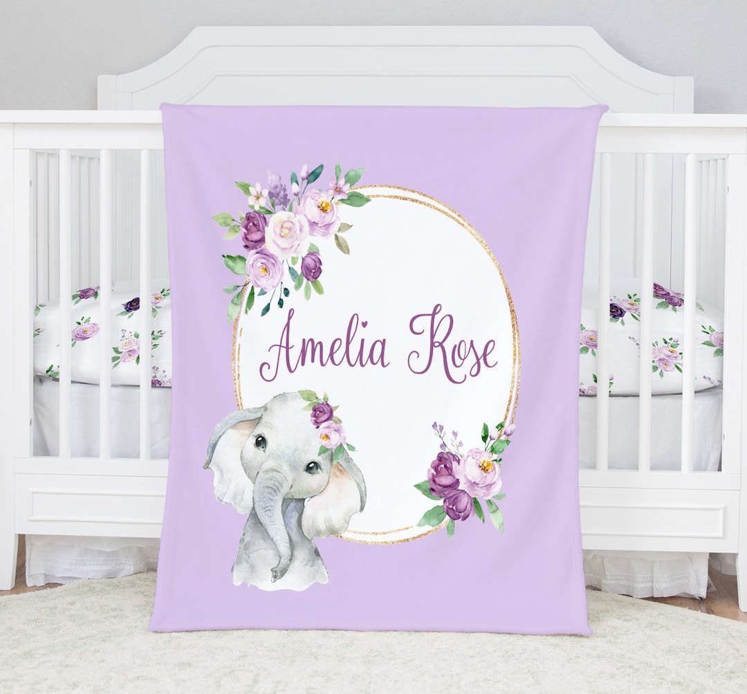 Floral Elephant Baby Blanket Girl personalized Baby Girl Blanket purple