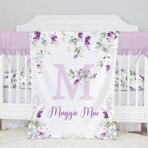 Lavender Floral Name Blanket, Personalized Baby Girl Blanket, Custom Toddler Blanket, Baby Girl Nursery Decor, Toddler Birthday Gift, 325