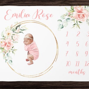 Blush Floral Milestone Blanket Girl Monthly Growth Blanket-Personalized Baby Girl Blanket  Baby Shower Gift Custom Baby Blanket for Pictures