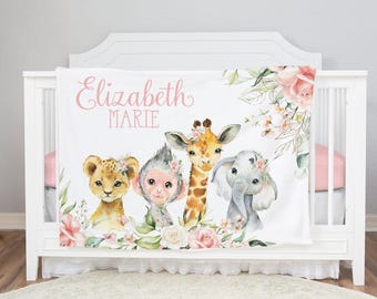 Couverture bébé fille personnalisée avec monogramme - Motif safari floral - Cadeau de naissance - Couverture prénom bébé - Linge de lit bébé animaux safari