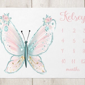 Butterfly Milestone Blanket Girl Monthly Growth Blanket-Personalized Baby Girl Blanket -Baby Shower Gift Custom Butterfly Baby Blanket