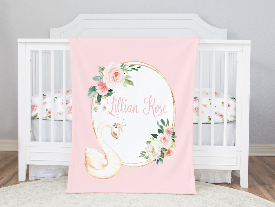 Personalized Baby Girl Blanket With Swan Blush Floral Blanket