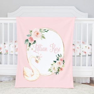 Personalized Baby Girl Blanket with Swan - Blush Floral Blanket Girl -Swan Baby Bedding  -Baby Girl Shower Gift -Swan Princess -Crib Blanket
