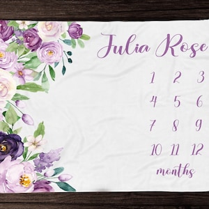 Lavender Floral Milestone Blanket Girl- Monthly Growth Blanket-Personalized Baby Girl Blanket -  Custom Baby Shower Gift -Baby Keepsake Gift
