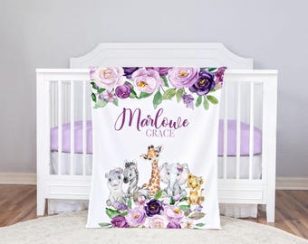 Couverture bébé safari personnalisée, décoration florale jungle pour chambre d'enfant, couverture animaux pour bébé fille, couverture personnalisée avec prénom, cadeau de naissance 204