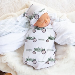 Personalized Green Tractor Swaddle Set - Personalized Boy Swaddle Blanket  Farm Baby Blanket with Name- Coming Home Outfit Shower Gift s350