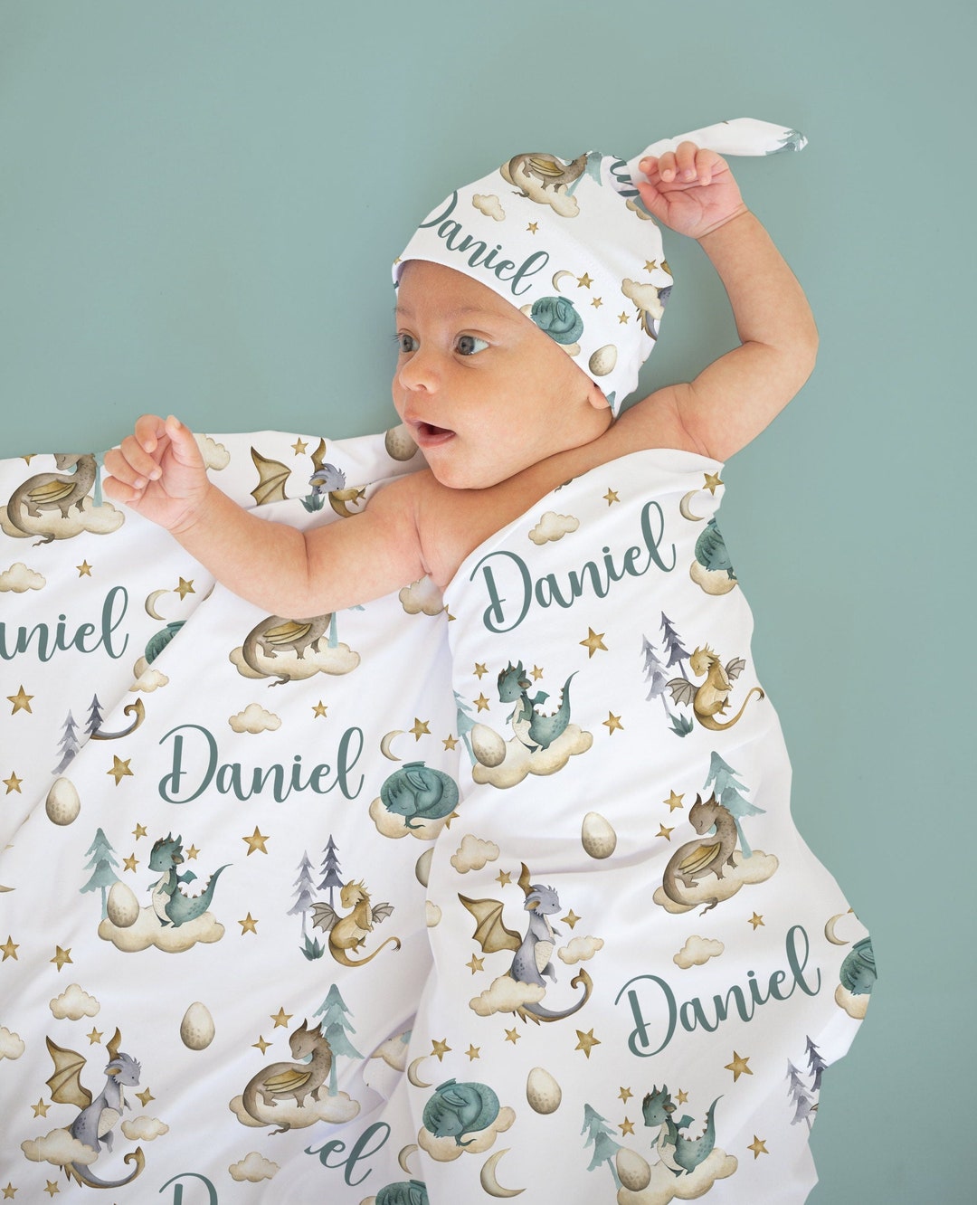 Baby Boy Swaddle Set With Name Blanket Beanie Hat personalized Baby Boy