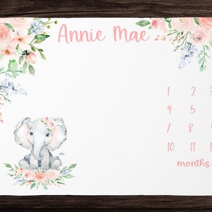 Manta floral con elefante para hitos de niña - Accesorio para fotos de recién nacidos - Manta personalizada para niña con elefante como regalo para baby shower - Guardería con elefantes