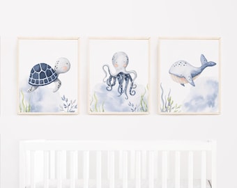 Arte mural de animales del océano azul - Arte infantil bajo el mar - Láminas artísticas de tortugas marinas y ballenas - Arte de acuarela para sala de juegos 352