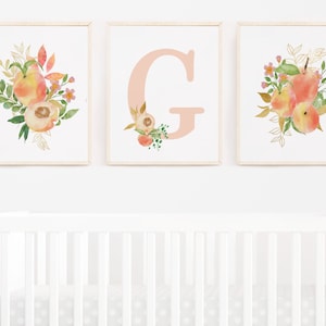 Floral Peach Wall Art - Printable Nursery Wall Art - Baby Girl Nursery Art -Personalized Watercolor Peach Floral Art - Set of 3 prints - 306