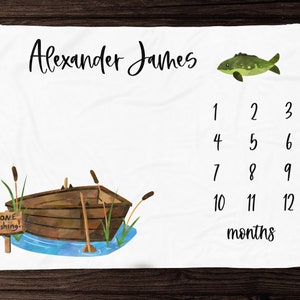 Gone Fishing Milestone Blanket- Newborn Photo Prop -Personalized Baby Boy Blanket with Fish- Baby Shower Gift for Fisherman - Boy Milestone