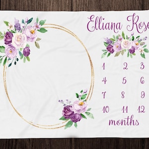 Lavender Floral Milestone Blanket Girl - Month Blanket-Personalized Baby Girl Blanket with Name- Custom Baby Shower Gift - Track Baby Growth