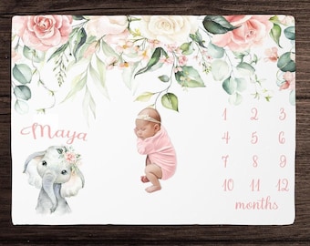 Manta de hitos de elefante para niña - Manta de crecimiento mensual floral - Manta personalizada para bebé niña con elefante - Regalo para baby shower - Regalo personalizado para bebé