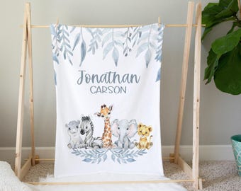 Spersonalizowany kocyk dla chłopca - kocyk dla chłopca ze słoniem - kocyk ze zwierzętami safari - prezent na baby shower - kocyk z imieniem dziecka - pościel dla niemowląt safari