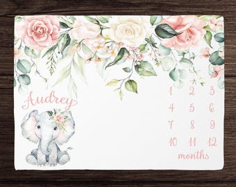 Manta de hitos de elefante para niña - Manta de crecimiento mensual floral - Manta personalizada para bebé niña con elefante - Regalo para baby shower - Regalo personalizado para bebé