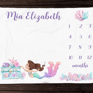 Mermaid Milestone Blanket Girl - Monthly Blanket -Personalized Baby Girl Blanket with Mermaid -Under the Sea Baby Girl Shower Gift -Growth