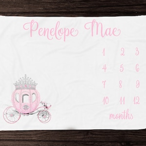 Princess Milestone Blanket Girl - Month Blanket-Personalized Baby Girl Blanket with Princess Carriage-  Princess Crown Baby Shower Gift