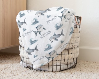 Manta personalizada de tiburón, manta personalizada para bebé con temática marina, manta oceánica para niño, regalo para baby shower, regalo de tiburón para niño pequeño s373