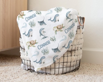 Ocean Baby Blanket, Under the Sea Personalized Baby Blanket, Personalized Baby Boy Blanket, Baby Shower Gift, Dinosaur Toddler Gift  s367