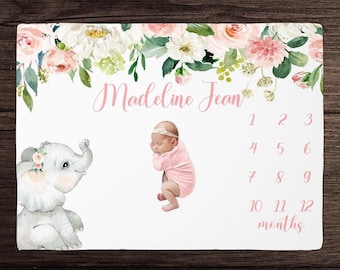 Manta de hitos de elefante para niña - Manta de crecimiento mensual floral - Manta personalizada para bebé niña con elefante - Regalo para baby shower - Regalo personalizado para bebé
