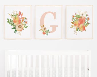 Arte floral de pared en color melocotón - Arte imprimible para habitación de bebé - Arte floral personalizado en acuarela en color melocotón - Juego de 3 impresiones - 306