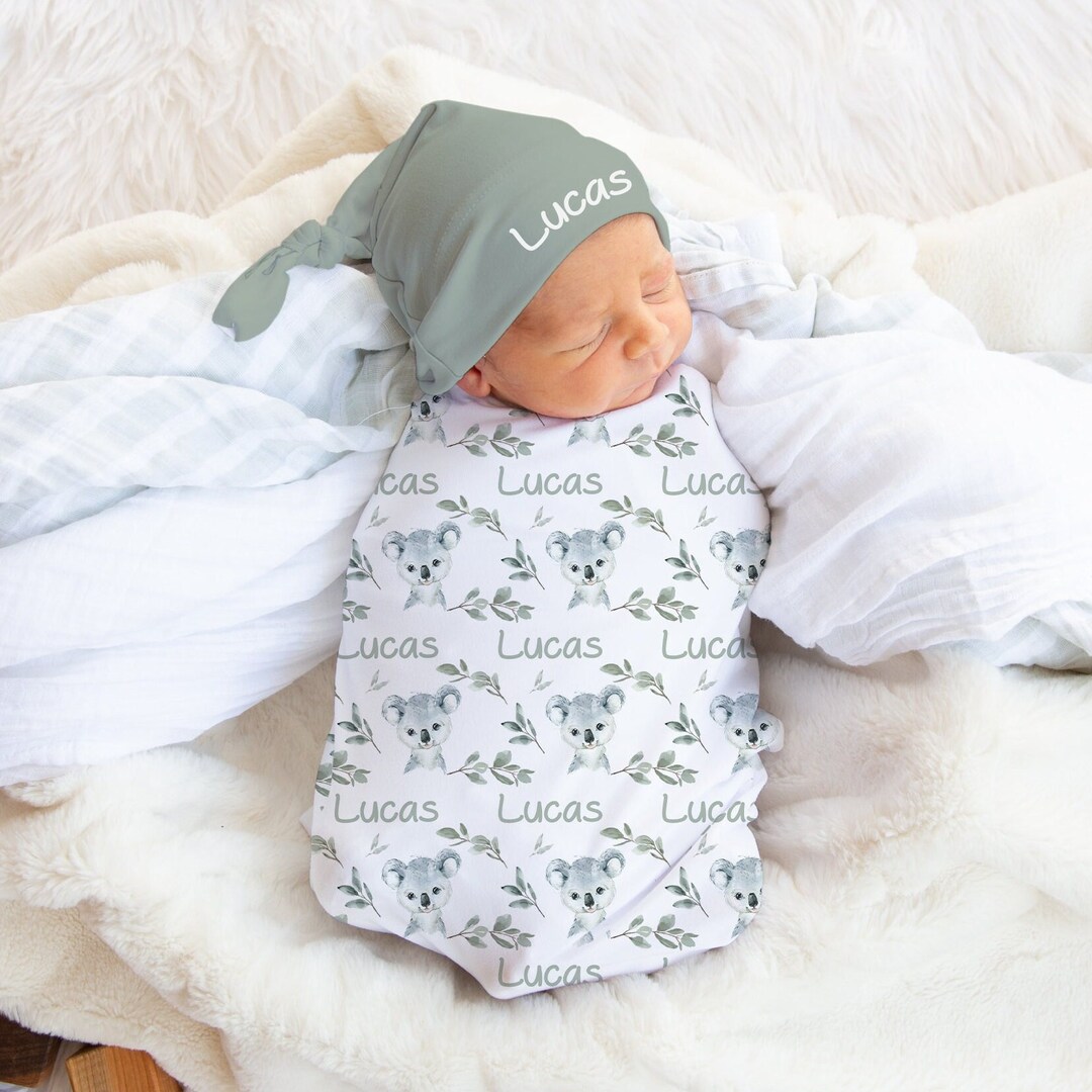 Baby Boy Koala Swaddle Set With Name Blanket Beanie Hat personalized Baby Boy Blanket newborn