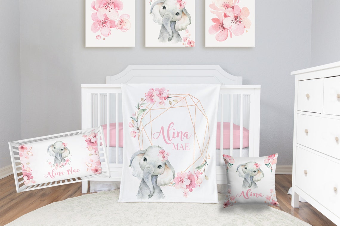 Floral Elephant Crib Bedding Set Personalized Baby Girl Etsy