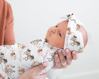 Floral Horse Swaddle Set- Personalized Baby Girl Swaddle Blanket & Headband -Wild Horses and Wildflowers Hospital outfit -Name blanket- S355