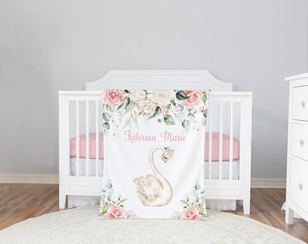 Personalized Baby Girl Blanket with Swan - Blush Floral Blanket Girl -Swan Baby Bedding  -Baby Girl Shower Gift -Swan Princess -Crib Blanket