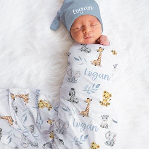 Baby Boy Swaddle Set with Name- Blanket Beanie Hat - Personalized Baby Boy Blanket -Newborn Hospital Photo -Safari Blanket- Baby Gift s329