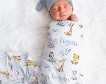 Baby Boy Swaddle Set with Name- Blanket Beanie Hat - Personalized Baby Boy Blanket -Newborn Hospital Photo -Safari Blanket- Baby Gift s329