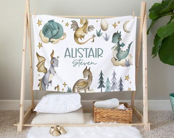 Personalized Dragon Blanket- Dragon Baby Blanket with name -Custom Baby Shower Gift -Baby Name Blanket- Dragon Crib Bedding -Name Reveal 322