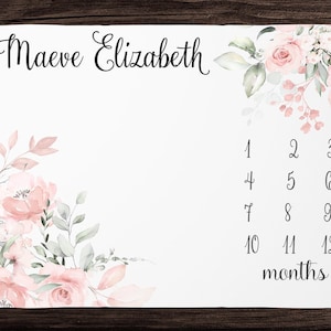 Baby Girl Milestone Blanket - Blush Floral Monthly Growth Blanket-Personalized Baby Girl Blanket with Soft Florals - Custom Baby Shower Gift