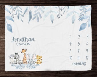 Safari Animal Milestone Blanket Boy Monthly Photos Blanket-Personalized Baby Boy Blanket with Watercolor Safari Animals Baby Shower Gift 329