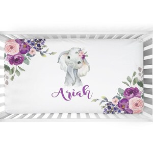 Elephant Baby Bedding Set, Purple Crib Bedding Set, Plum Floral Elephant Bedding, Personalized Crib Bedding Girl Floral Elephant Nursery image 4
