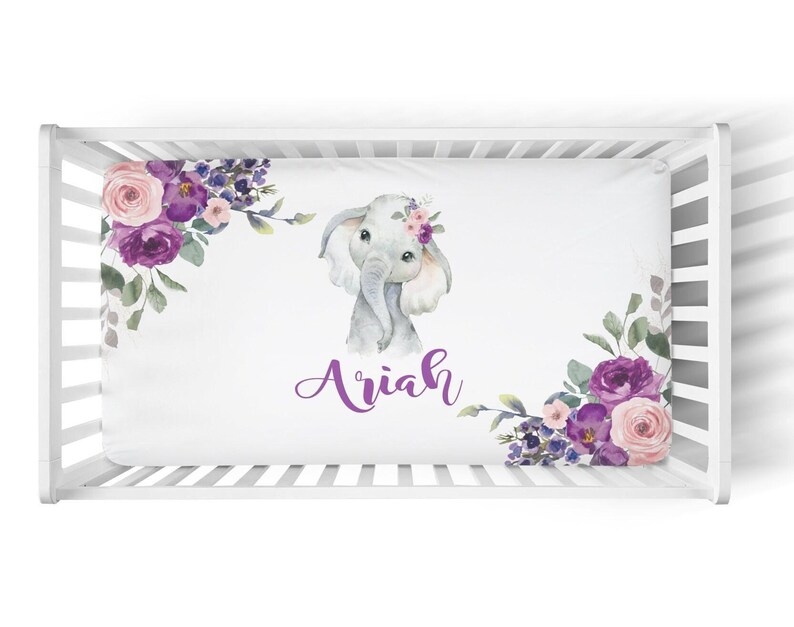 Elephant Baby Bedding Set, Purple Crib Bedding Set, Plum Floral Elephant Bedding, Personalized Crib Bedding Girl Floral Elephant Nursery image 4