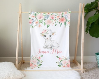 Personalized Lamb Baby Blanket, Baby Girl Blanket, Custom Name Blanket, Lamb Nursery Decor, Farm Animal Nursery Gift