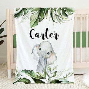 Gepersonaliseerde olifant babydeken met naam jungle kinderkamer beddengoed aangepaste baby doeken - jungle bladeren deken - babyshower met monogram