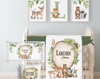Zestaw pościeli do łóżeczka dziecięcego Woodland Animal, pokój dziecięcy Woodland, spersonalizowany zestaw pościeli dla niemowląt Forest Animal, pościel do łóżeczka dziecięcego dla chłopca, Fox Bear Deer 346