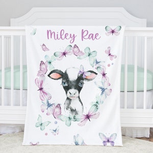 Cow Baby Girl Blanket Personalized- Floral Blanket Girl - Farm Baby Bedding -Baby Shower Gift - Butterfly Baby Name Blanket- Custom Crib