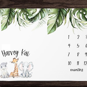 Safari Milestone Blanket Boy- Monthly Growth Blanket-Personalized Baby Boy Blanket with Jungle Animals Baby Shower Gift Custom Baby Bedding