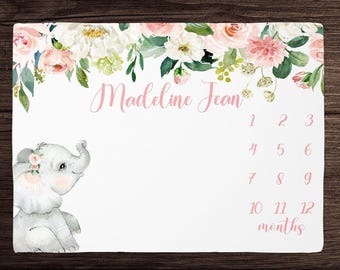 Manta de hitos de elefante para niña - Manta de crecimiento mensual floral - Manta personalizada para bebé niña con elefante - Regalo para baby shower - Regalo personalizado para bebé