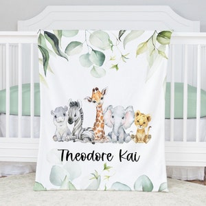 Personalized Baby Boy Blanket Monogrammed Baby Blanket Boy Jungle Animals Baby Shower Gift Baby Name Blanket-Safari Animals Baby Bedding image 1