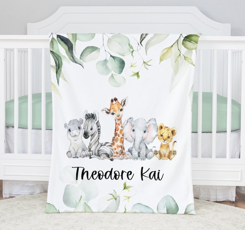 Personalized Baby Boy Blanket Monogrammed Baby Blanket Boy Jungle Animals Baby Shower Gift Baby Name Blanket-Safari Animals Baby Bedding image 1