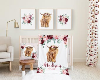 Highland Kuh Decke Mädchen, Baby Mädchen Decke, personalisierte Kleinkind Decke, Baby Girl Farm Kinderzimmer, Kleinkind Geburtstagsgeschenk, 327